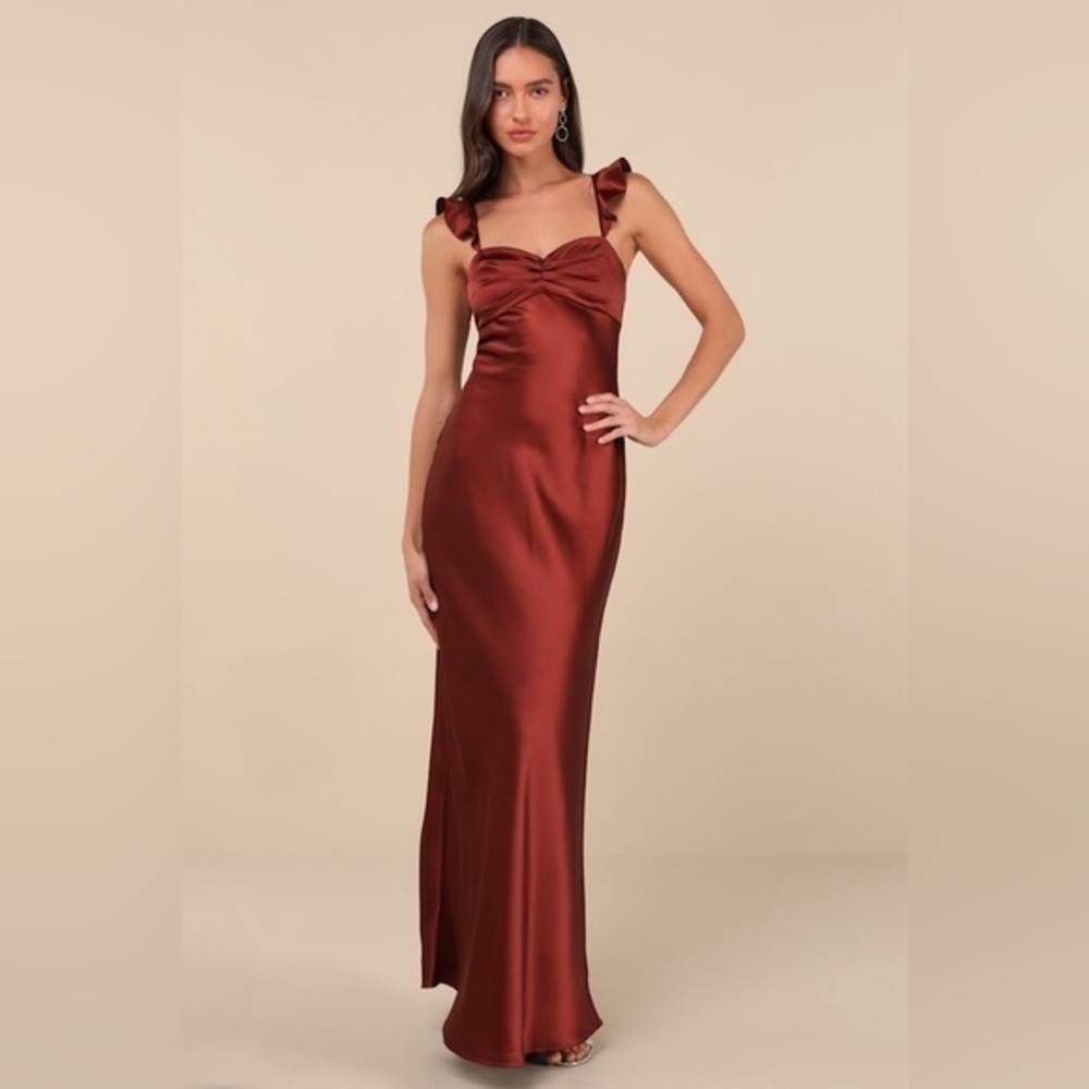 LULU’S EXUBERANT LUXURY SATIN RUFFLED LACE UP MAXI DRESS